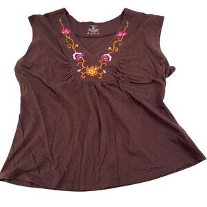 Jones Wear Jeans Brown Embroidered Floral Cotton Sleeveless Top XL Y2K